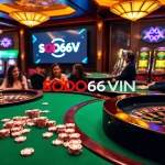 SODO66VN logo featured at an upscale casino gaming scene with players enjoying roulette and poker.
