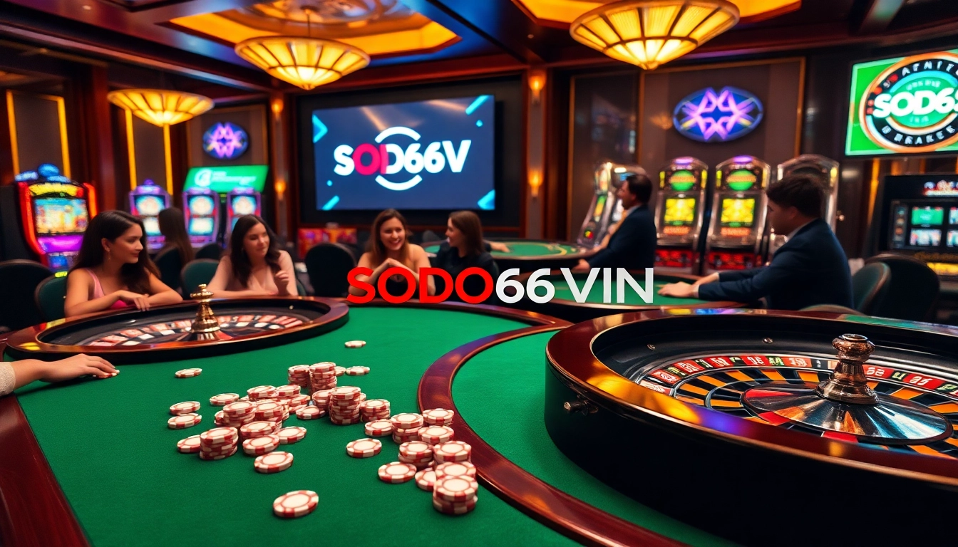 SODO66VN logo featured at an upscale casino gaming scene with players enjoying roulette and poker.