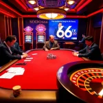 SODO66 vibrant casino scene with poker players and slot machines, capturing excitement.