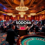 Players enjoying vibrant casino games at SODO66, with poker chips and roulette wheels illuminating the atmosphere.