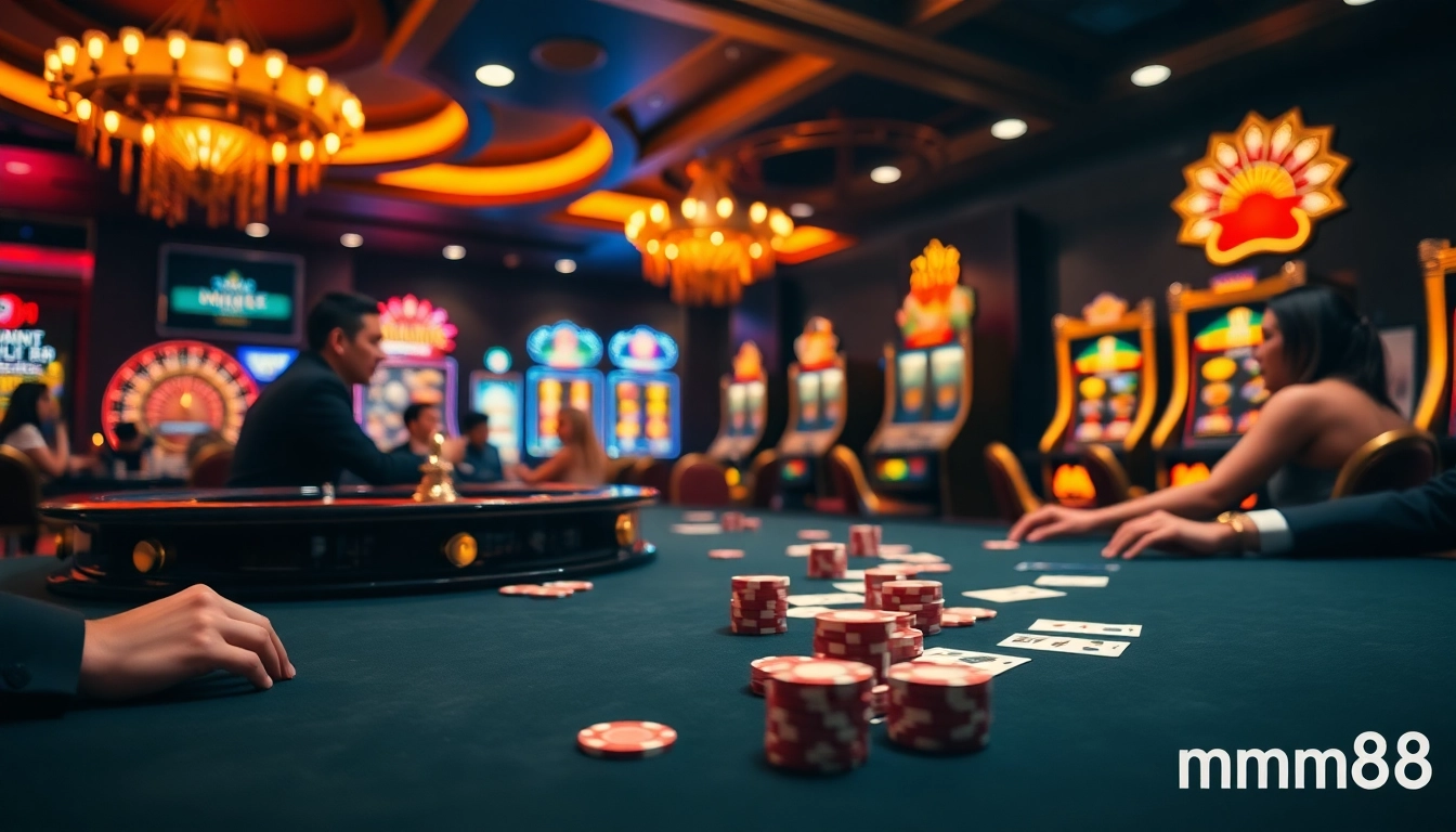 Experience excitement with link mm88 at a high-stakes poker table in a luxurious casino setting.