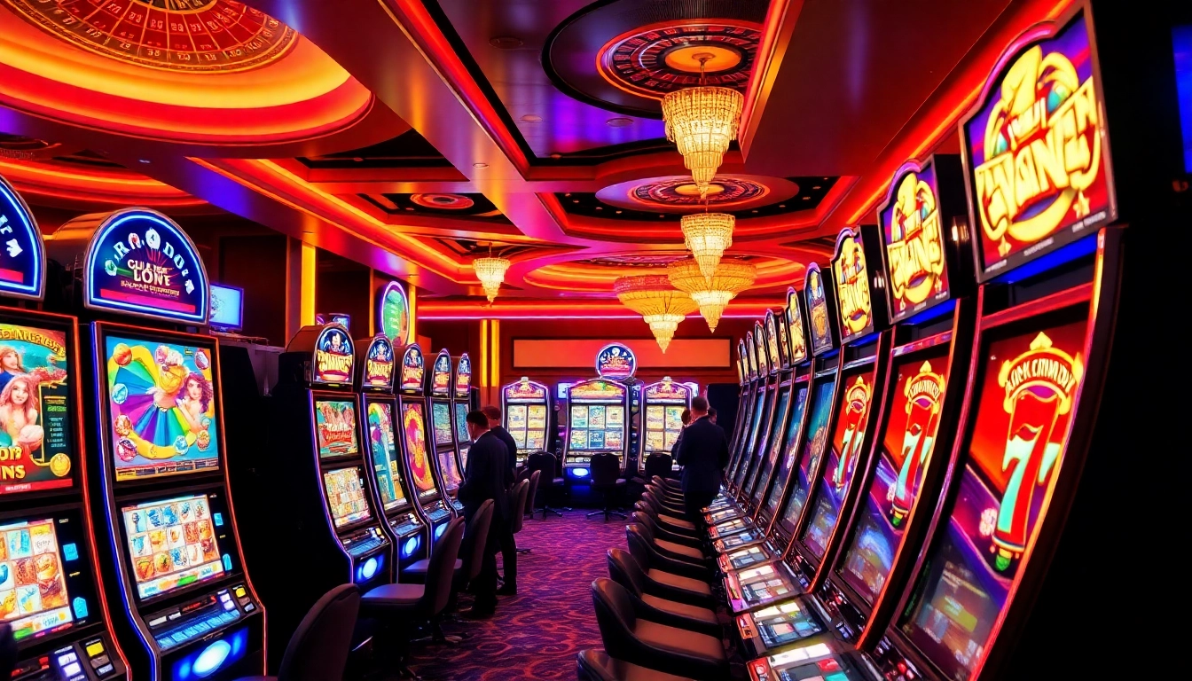 Players enjoying a slot demo experience in a luxurious casino setting with vibrant lights.