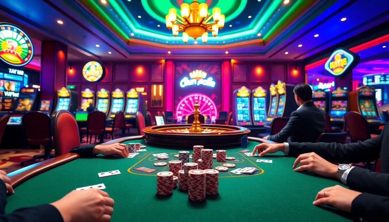 Experience the thrill of TRANG CHỦ VT88 with a lively casino scene featuring poker and roulette.