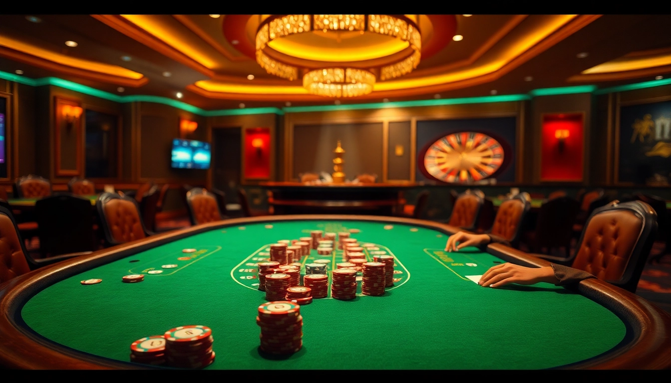 Engaging scene at nhà cái thabet poker table with vibrant chips and cards.