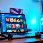 Experience the GO999 platform with vibrant graphics on a sleek laptop in a cozy gaming room.