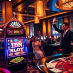 Excited gamblers celebrating a win at the IDN Slot machine in a luxurious casino setting.
