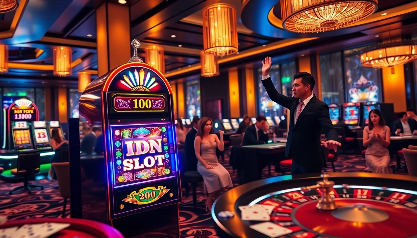 Excited gamblers celebrating a win at the IDN Slot machine in a luxurious casino setting.