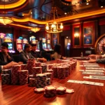 Exciting casino atmosphere showcasing players at a poker table and slot machines at https://viscard.de.com/.