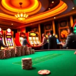 Experience the excitement of F8BET with intense poker games and vibrant slot machines in a luxurious casino setting.