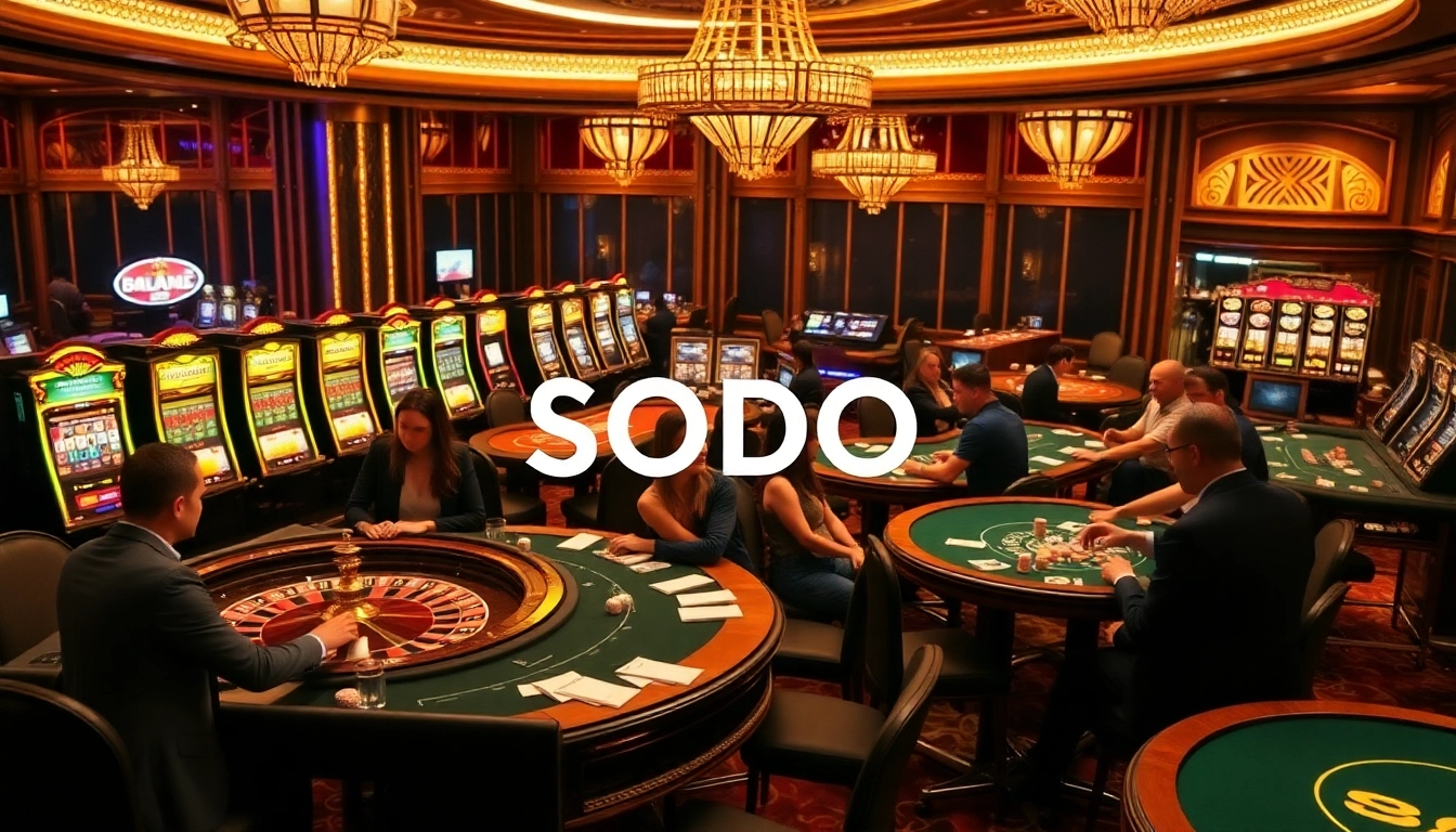SODO Casino scene with players at tables, showcasing luxury and vibrant gaming excitement.