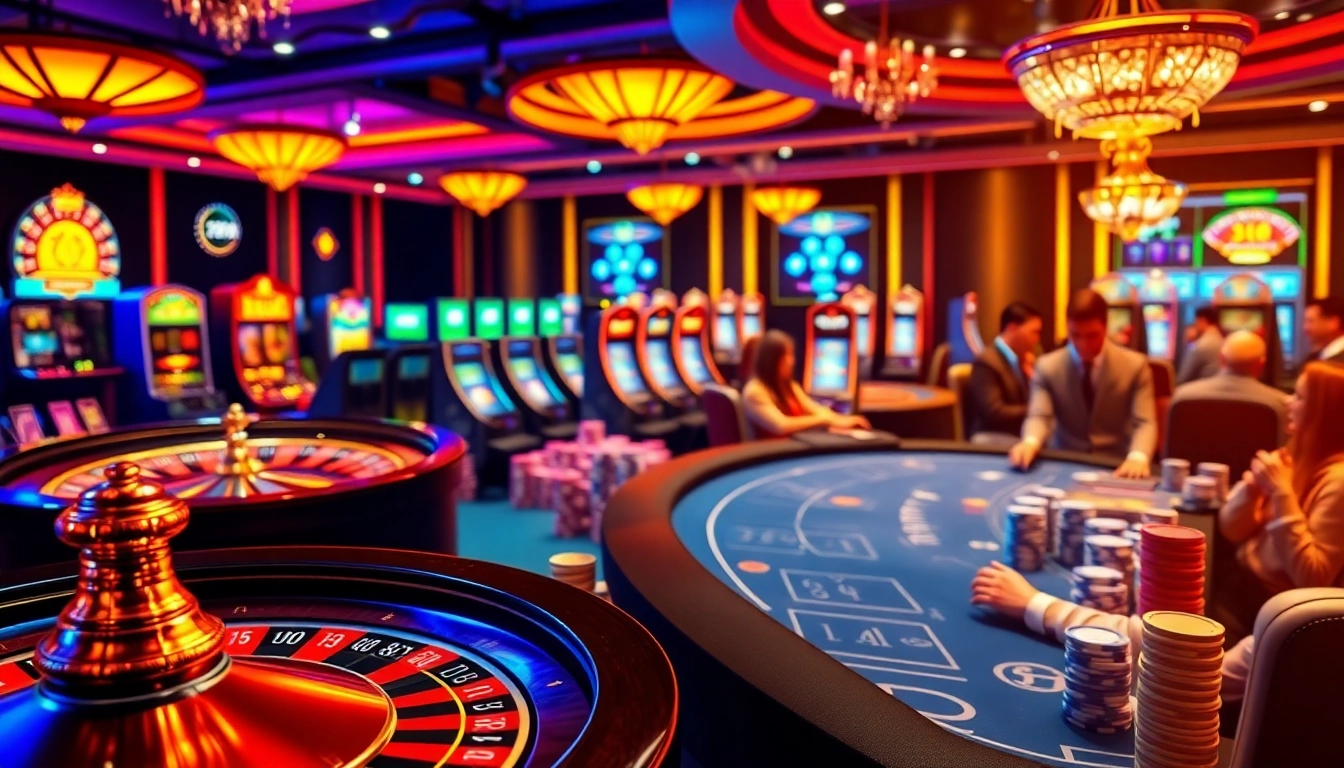 Exciting casino atmosphere with luxury gaming tables and vibrant slot machines at home bdjl.