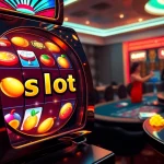 Experience the excitement of casino gaming with slot777 login at a luxurious slot machine, surrounded by chips and players.