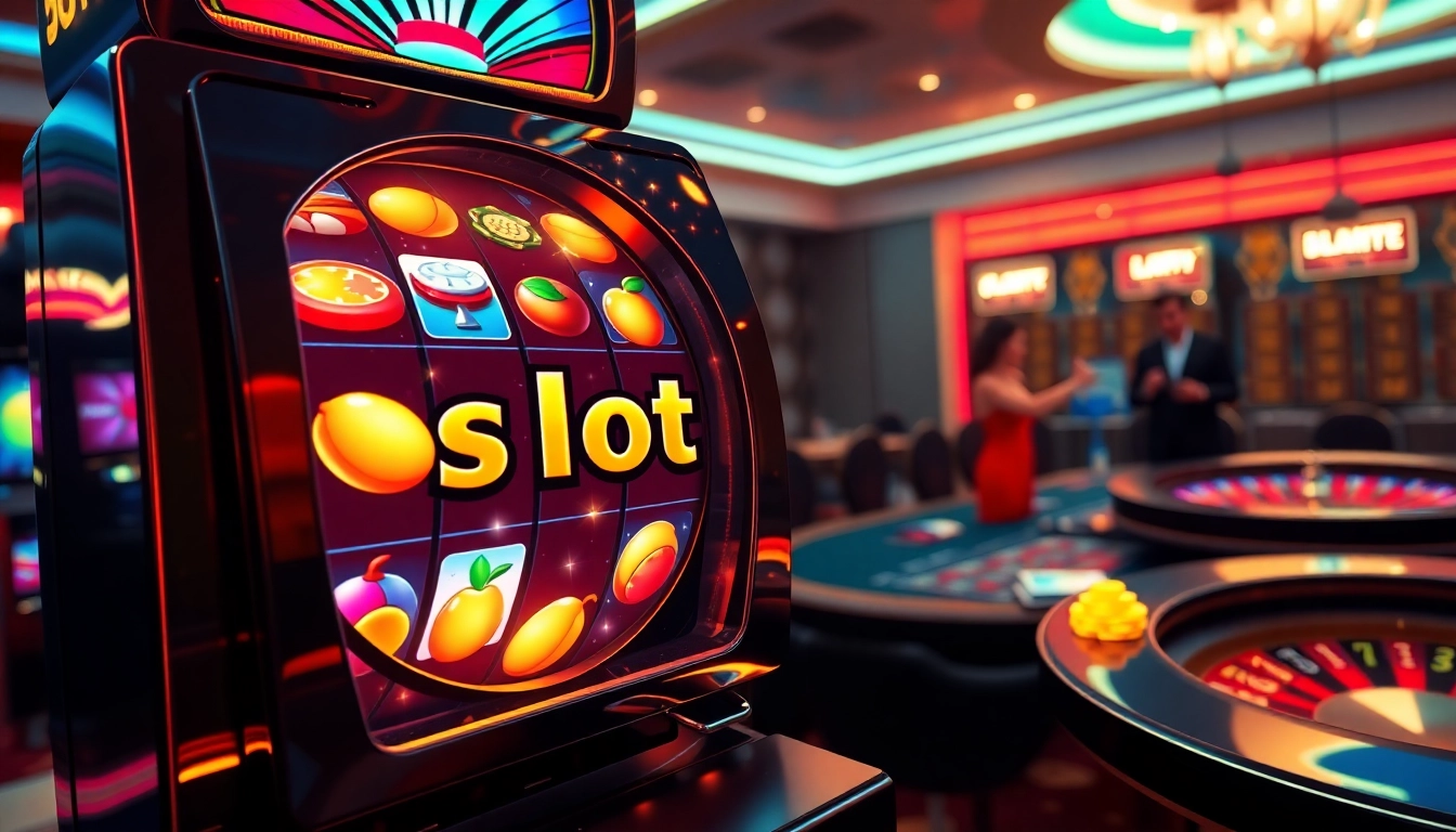 Experience the excitement of casino gaming with slot777 login at a luxurious slot machine, surrounded by chips and players.