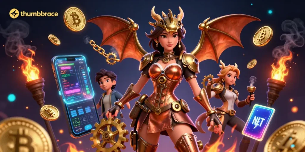 Engage with innovative gameplay featuring thumbbrace amidst Crypto coins, vibrant effects, and steampunk artistry.