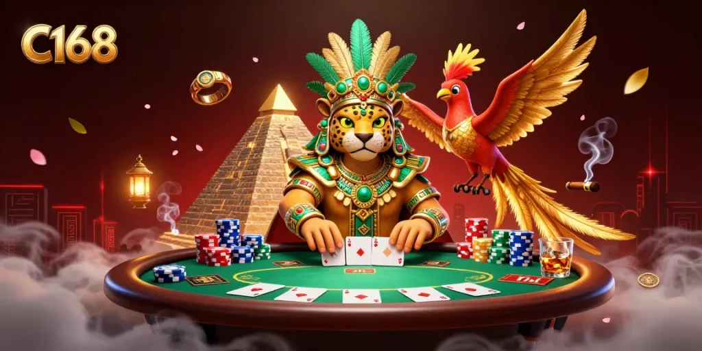 C168 showcases thrilling live poker action with a Mayan jaguar priest, chips, and dramatic cards.