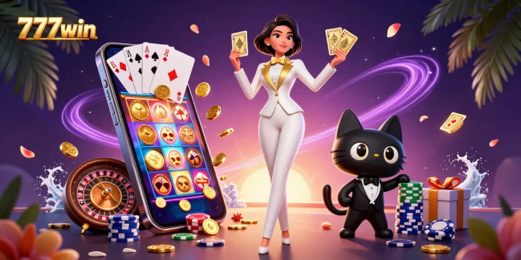 Rasakan kemenangan mendebarkan di 777win, di mana dealer glamor mengocok kartu di antara elemen kasino yang berwarna-warni.