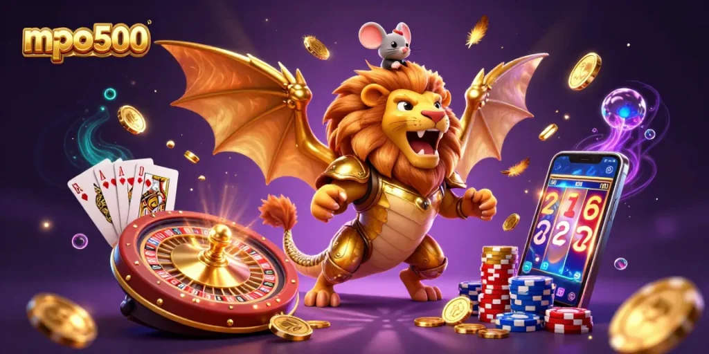 Experience the thrilling action of mpo500 with a vibrant 3D casino scene featuring dynamic characters and gambling elements.