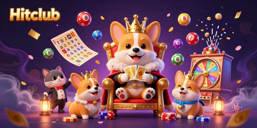 Hitclub captivates with vibrant 3D royal corgi, colorful lottery elements, and dynamic gaming atmosphere.