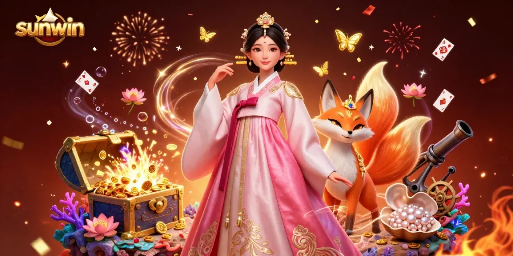 Experience thrilling online gameplay at sunwin with an enchanting 3D scene depicting an Asian woman and a lucky fox amid vibrant casino elements.
