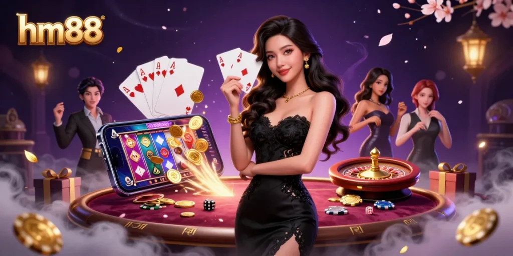 Experience thrilling gameplay at hm88 with a photorealistic Asian woman revealing victory with ace cards and vibrant casino elements.