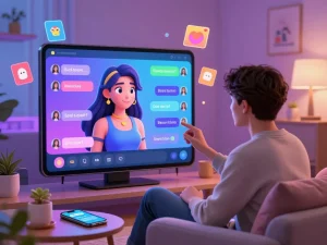 Engaging in ai sex chat with a virtual NSFW AI character in a cozy, ambient living room.