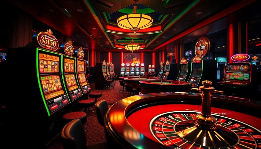 Menampilkan aksi permainan di kasino bbni4d dengan slot machine berwarna cerah dan meja roulette.