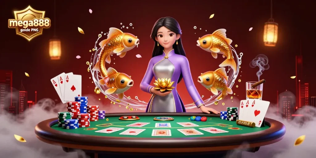 Experience thrilling gameplay with the mega888 guide PNG featuring an Asian woman and dynamic casino elements.