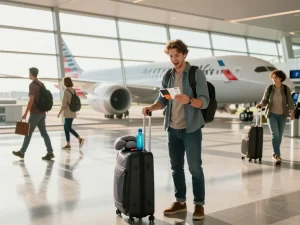 Traveler checking in for flight on American Airlines 789P at airport terminal.