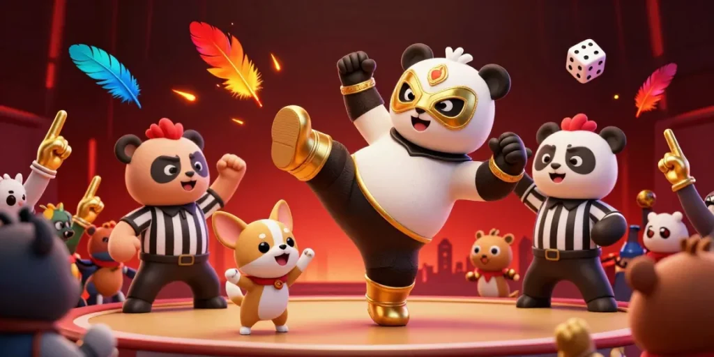 Engage in the thrilling action of bj88 đá gà with a dynamic scene of a panda wrestler and crowd excitement.