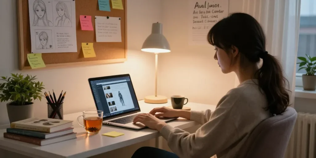 Engaging user exploring hentai ai chat on a laptop in a cozy office.