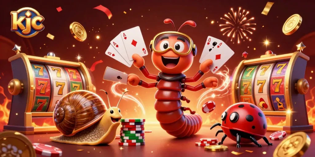 KJC showcases a vibrant casino scene featuring a cartoon millipede dealer and a high-roller snail amidst dynamic slot reels and celebration.