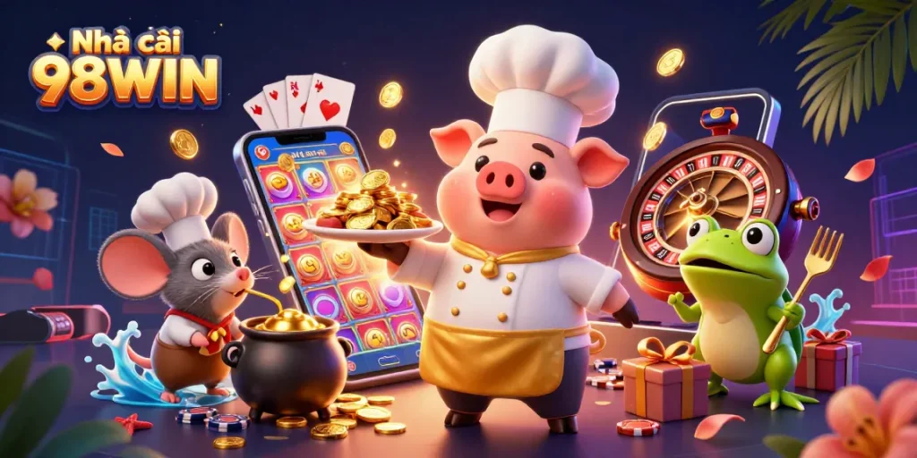 Visualize the excitement of Nhà cái 98WIN with a chef pig and animated casino characters amidst vibrant gaming elements.