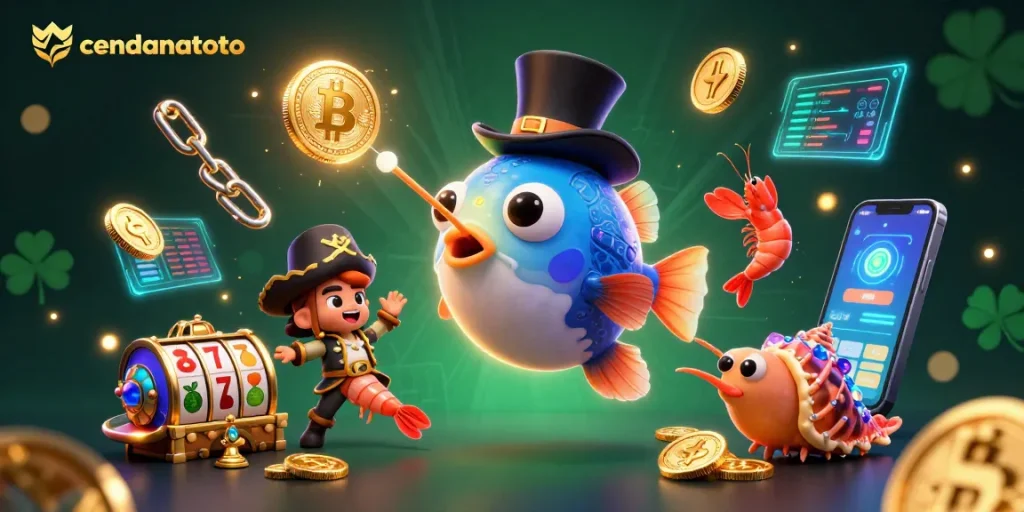 Cendanatoto brings luck with a vibrant 3D deep-sea anglerfish attracting coins amid exciting slot reels.