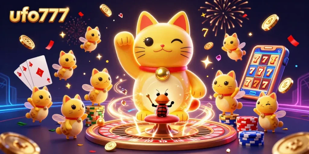 Experience excitement with ufo777, featuring a giant lucky cat and casino elements in a vibrant 3D illustration.