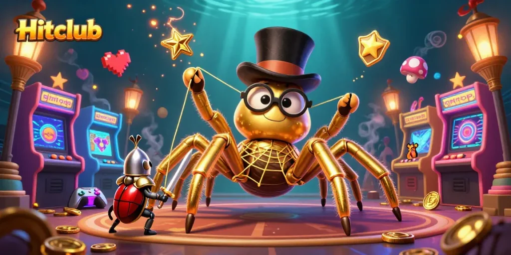 Hitclub offers vibrant gaming with colorful machines and dynamic characters in a captivating casino scene.