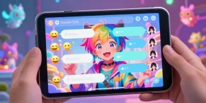 Immersive AI hentai chat experience with colorful anime character interacting through a lively chat interface.
