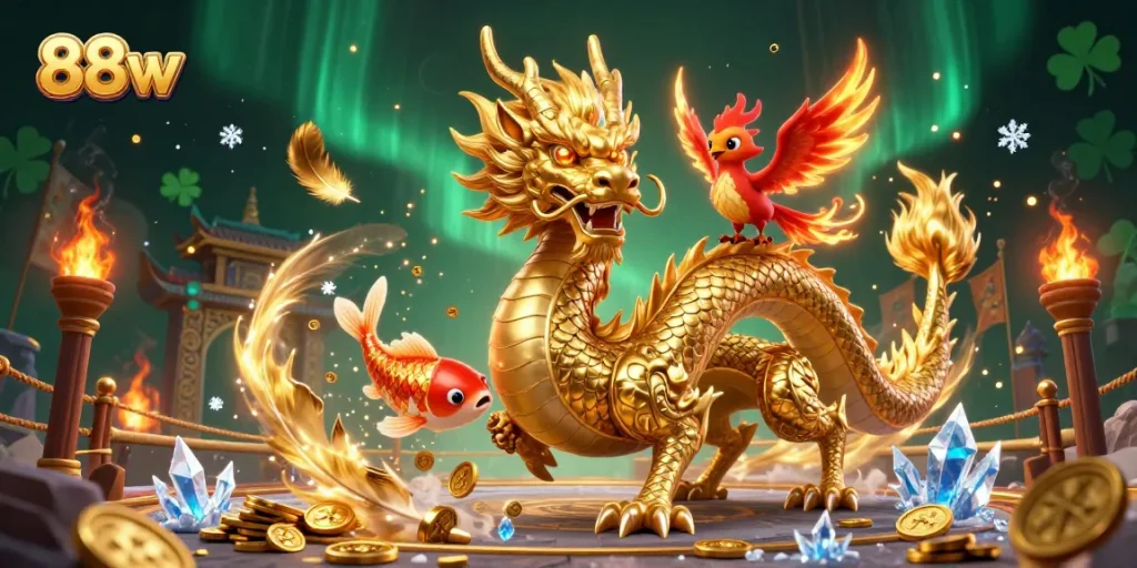 Engage with 88vv's vibrant casino experience featuring a golden dragon, phoenix, and koi amidst dynamic betting action.