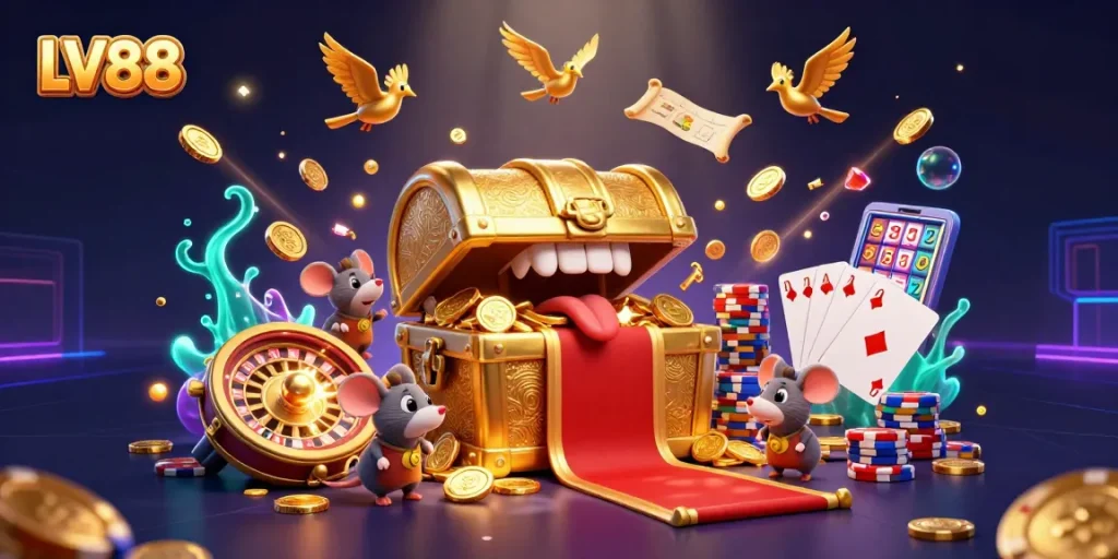 Engage in exciting LV88 gaming with golden treasures, coins, and dynamic casino elements.