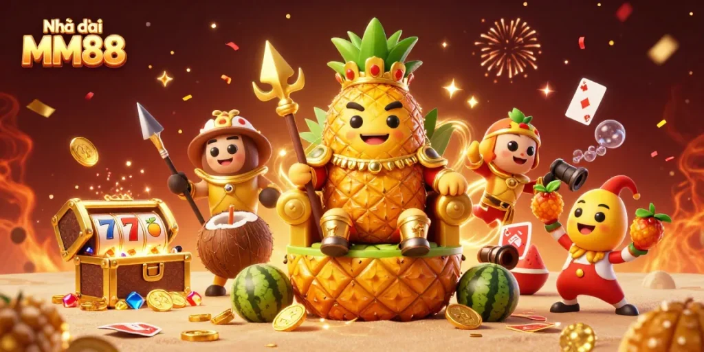 Engage with Nhà cái MM88 through a vivid illustration of a tropical casino adventure.