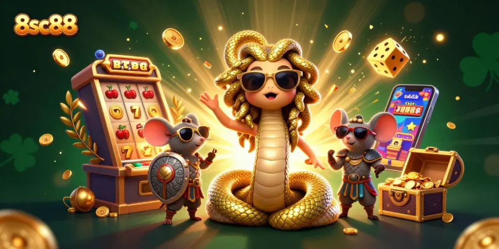 Experience thrilling gameplay with 8sc88's vibrant jackpot scene featuring dynamic characters and casino elements.