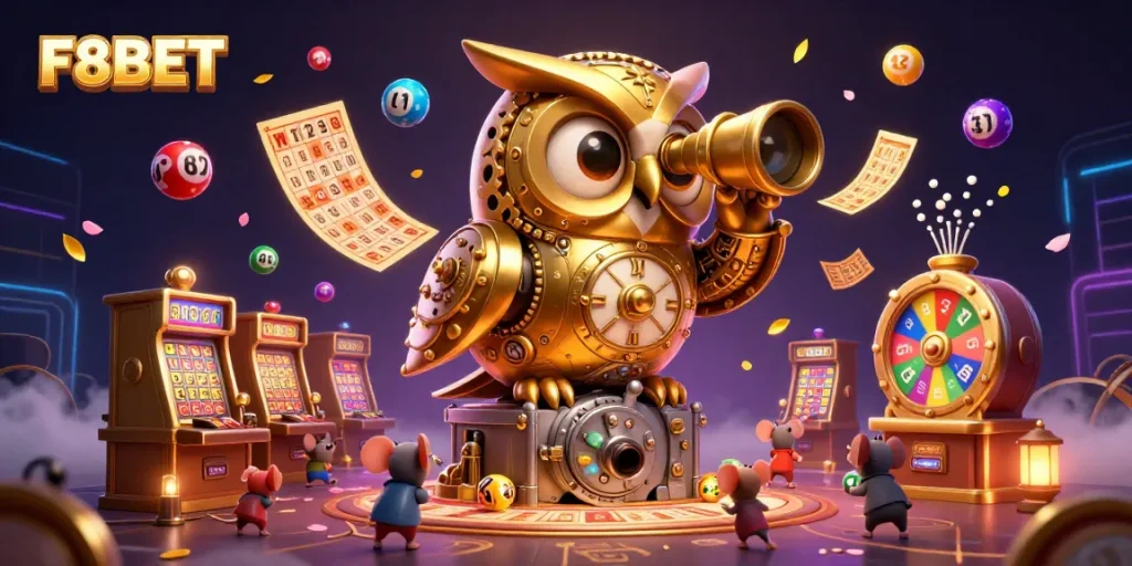 Experience the thrill of F8BET with vibrant slot machines and a whimsical golden owl scanning the casino floor.