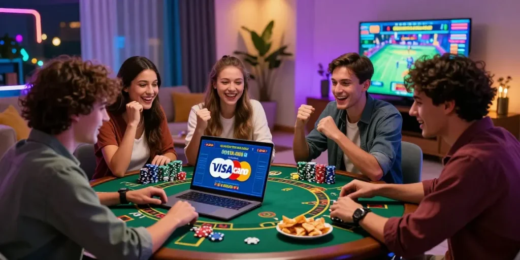 Engaged players at credit card casinos at scoarch.org.uk enjoying a vibrant online gaming experience in a lively living room setting.