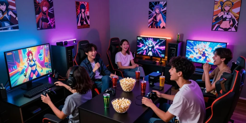 Group enjoying hentai games in a vibrant gaming setup with LED lights and controllers.