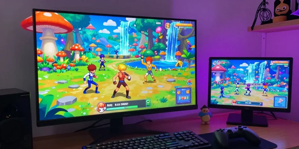 Explore thrilling gameplay in a gay hentai game with vibrant anime characters and colorful graphics.