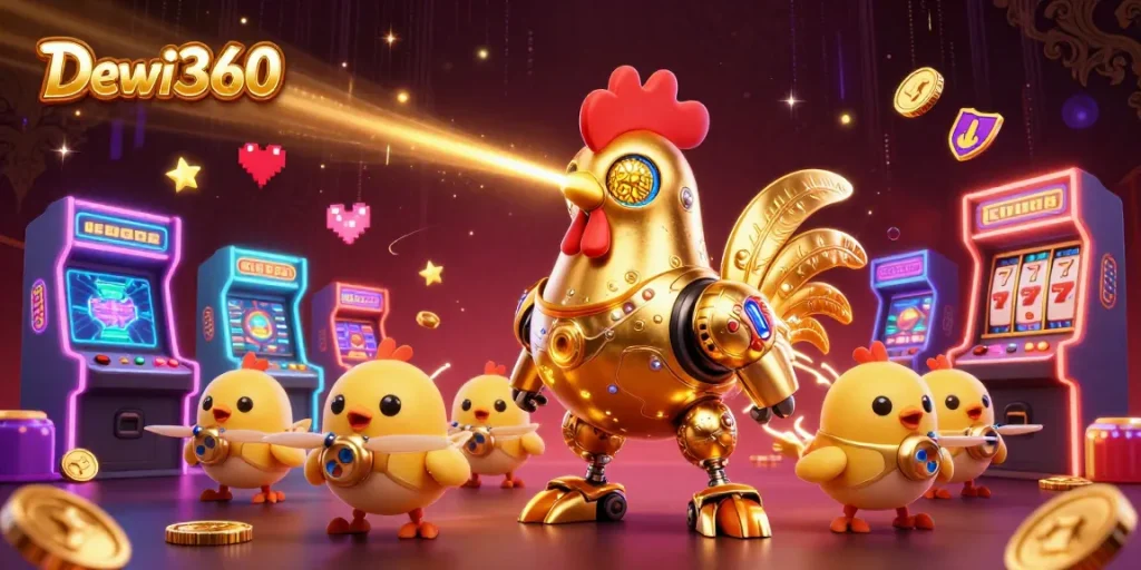 Mengunduh Dewi360 APK dengan robot ayam emas futuristik dan banyak permainan slot mendebarkan.