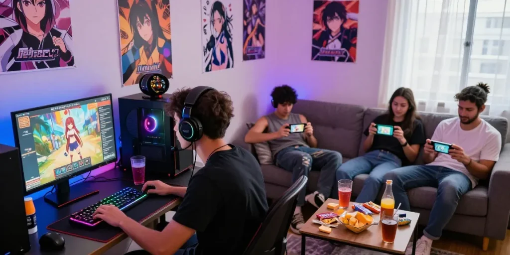 Engaged players enjoying hentai games in a vibrant home gaming setup.