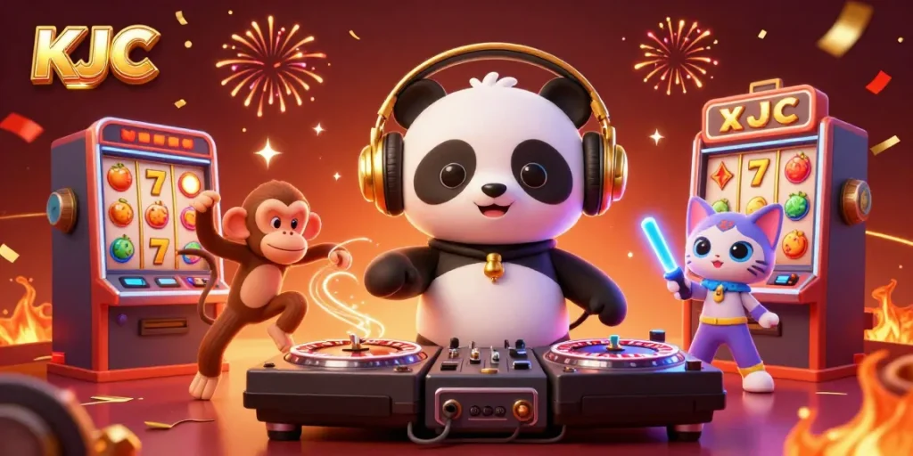 KJC offers thrilling slots with vibrant visuals, featuring DJ panda and animated characters celebrating in a casino.