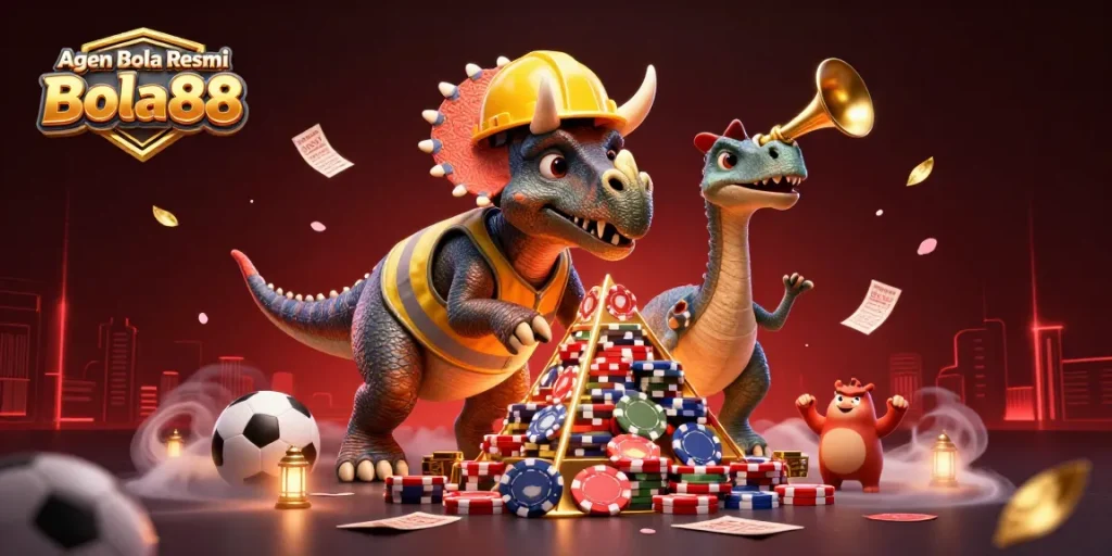 Agen Bola Resmi Bola88 showcases a vibrant 3D scene with a dinosaur building a poker chip pyramid amidst gambling symbols.