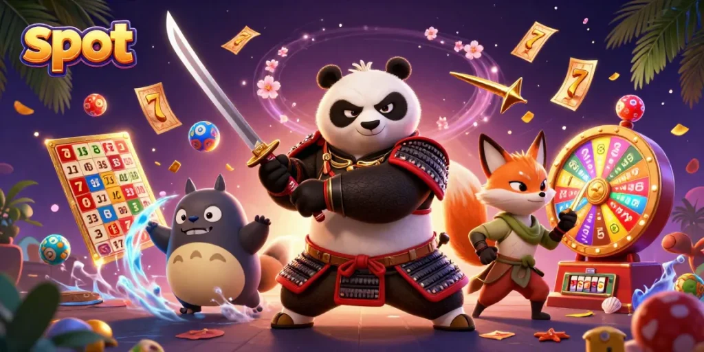 Spin vibrant slot reels with a samurai panda and ninja fox in a magical casino scene.