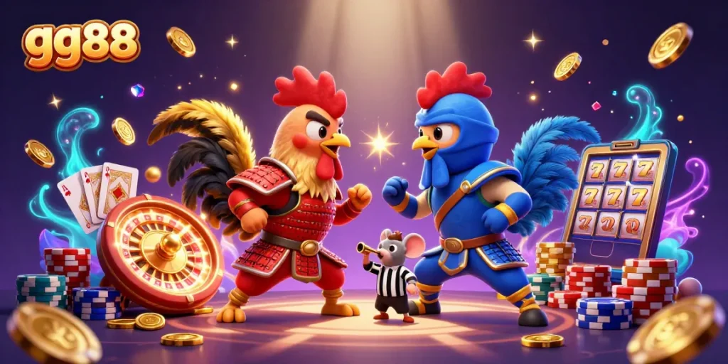 Engage in thrilling gameplay at gg88 with animated roosters and casino elements showcasing vibrant action.